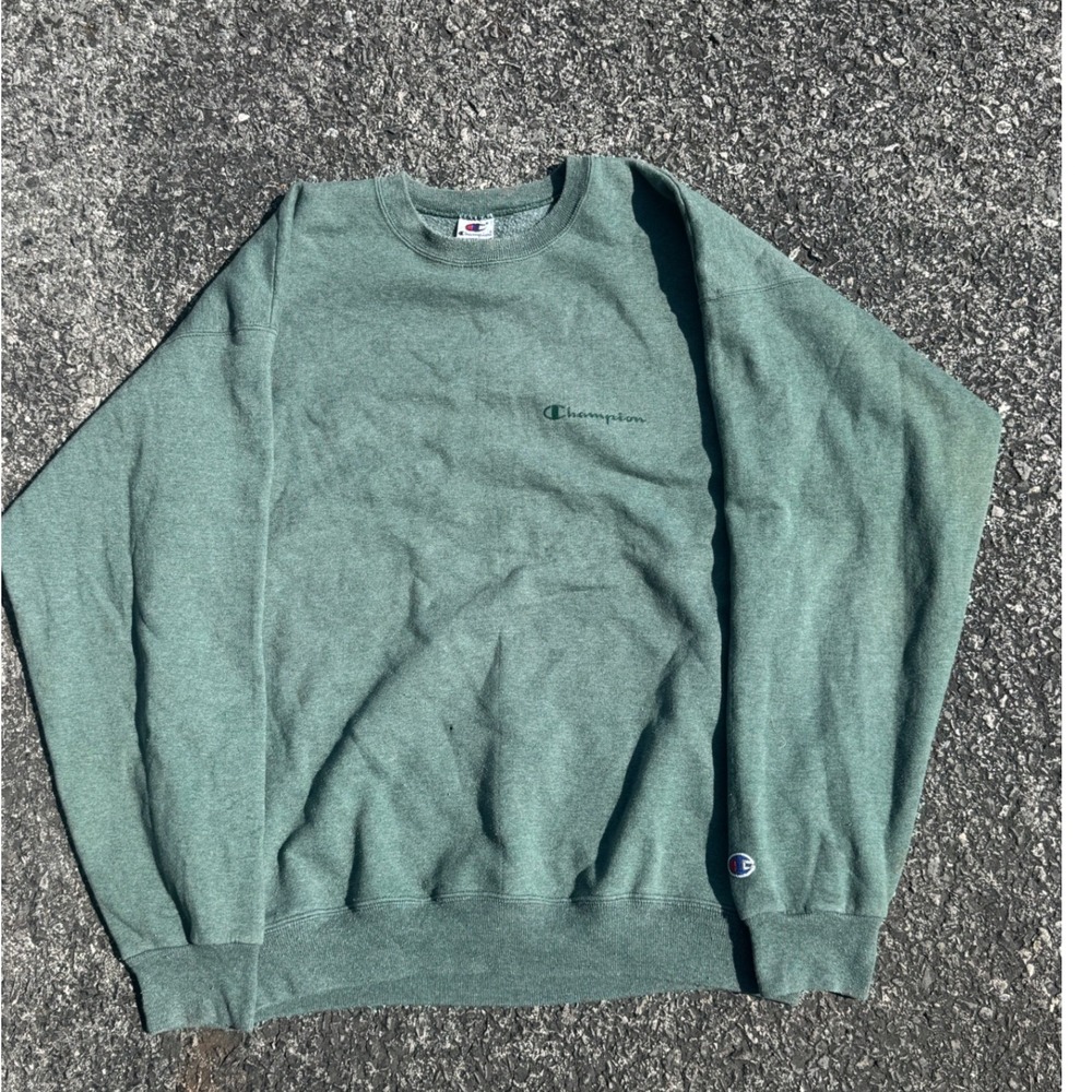 Champion Mens Crewneck Sweatshirt Large Green Script Logo Pullover Fleece L